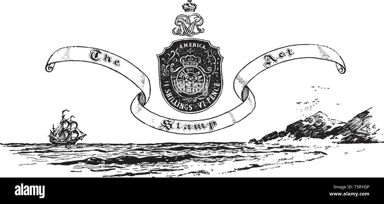 Eine Dichtung, die den Stamp Act, zeigt es den Schild mit Krone, Schiff und Meer unter Schild, vintage Strichzeichnung oder Gravur Abbildung Stock Vektor