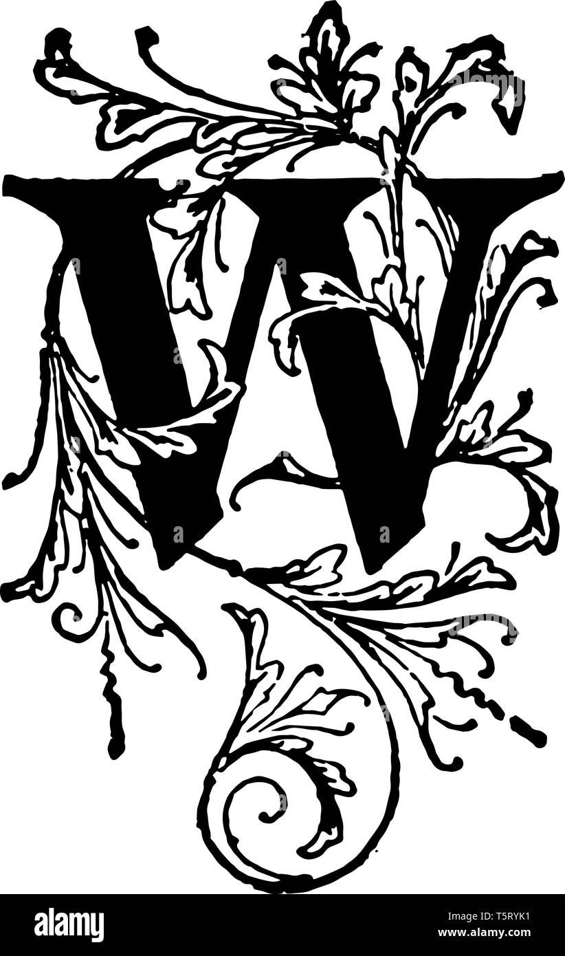 Dieses Bild enthält die Buchstaben W in Schwarz Farbe. Es ist die floralen Initial. Schreiben ist von Reben und Blumen, Vintage Linie zeichnen umgeben Stock Vektor