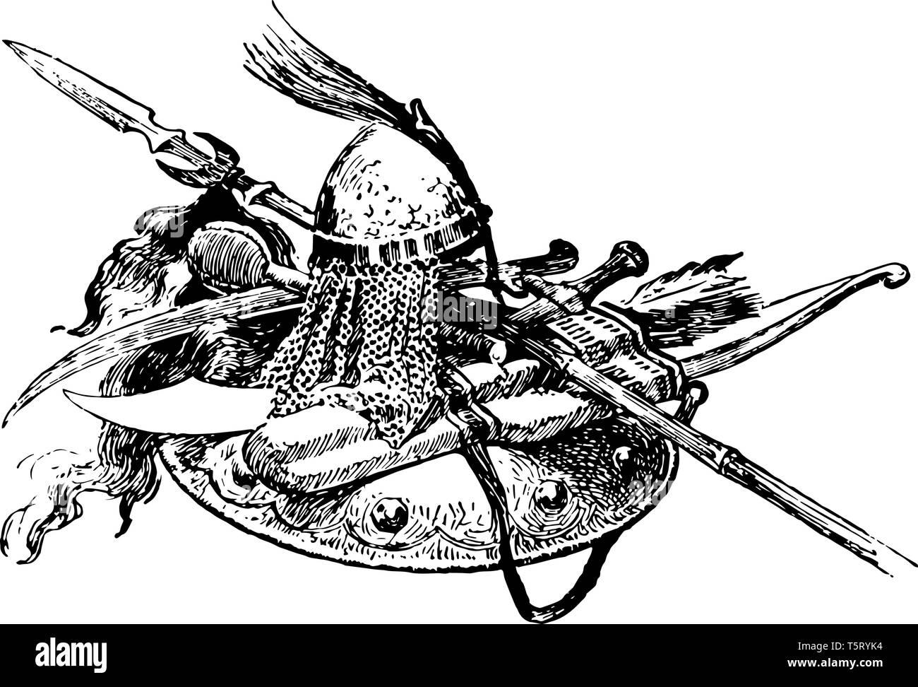 Dies ist das Image der Sarracenos Arme. Diese sind in der Regel während der Schlacht in der Antike verwendet, vintage Strichzeichnung oder Gravur Abbildung. Stock Vektor