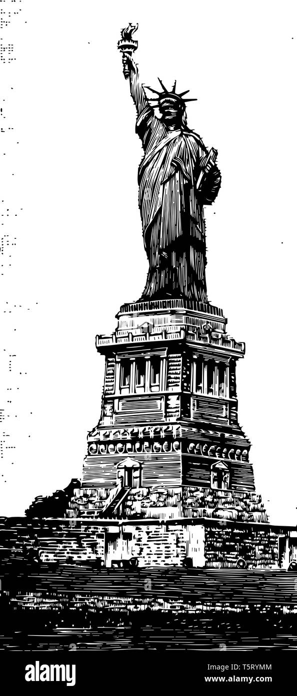 Die Freiheitsstatue ist ein Bild von einer Frau, die die Libertas, die mit einer Fackel in der rechten Hand. Statue ist ein Symbol der Freiheit vintage Linie d Stock Vektor