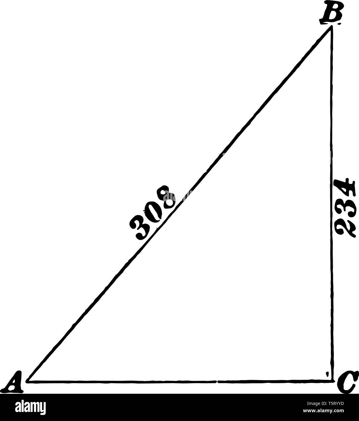 Dieses Bild zeigt das rechte Dreieck in eine Seite des Dreiecks ist 234. Eine andere Seite nicht mehr ist als die hypotenuse von 308, vintage Zeichnung Stock Vektor