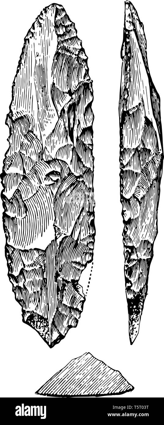 Das Bild zeigt die Flint Stone Tools. Er hat verschiedene Arten von Hacks mit Hilfe von Nakshi Schnitzen. Es gibt drei Steine, in denen zwei gerade ein Stock Vektor