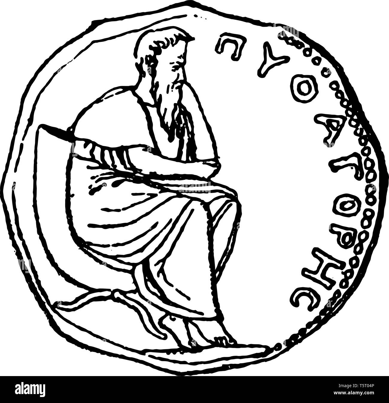 Dieses Bild zeigt die griechische Währung mit dem Mann auf der linken Seite der Münze. Auf der rechten Seite der Münze ist voll von Buchstaben und Nummern, vintage Line Stock Vektor