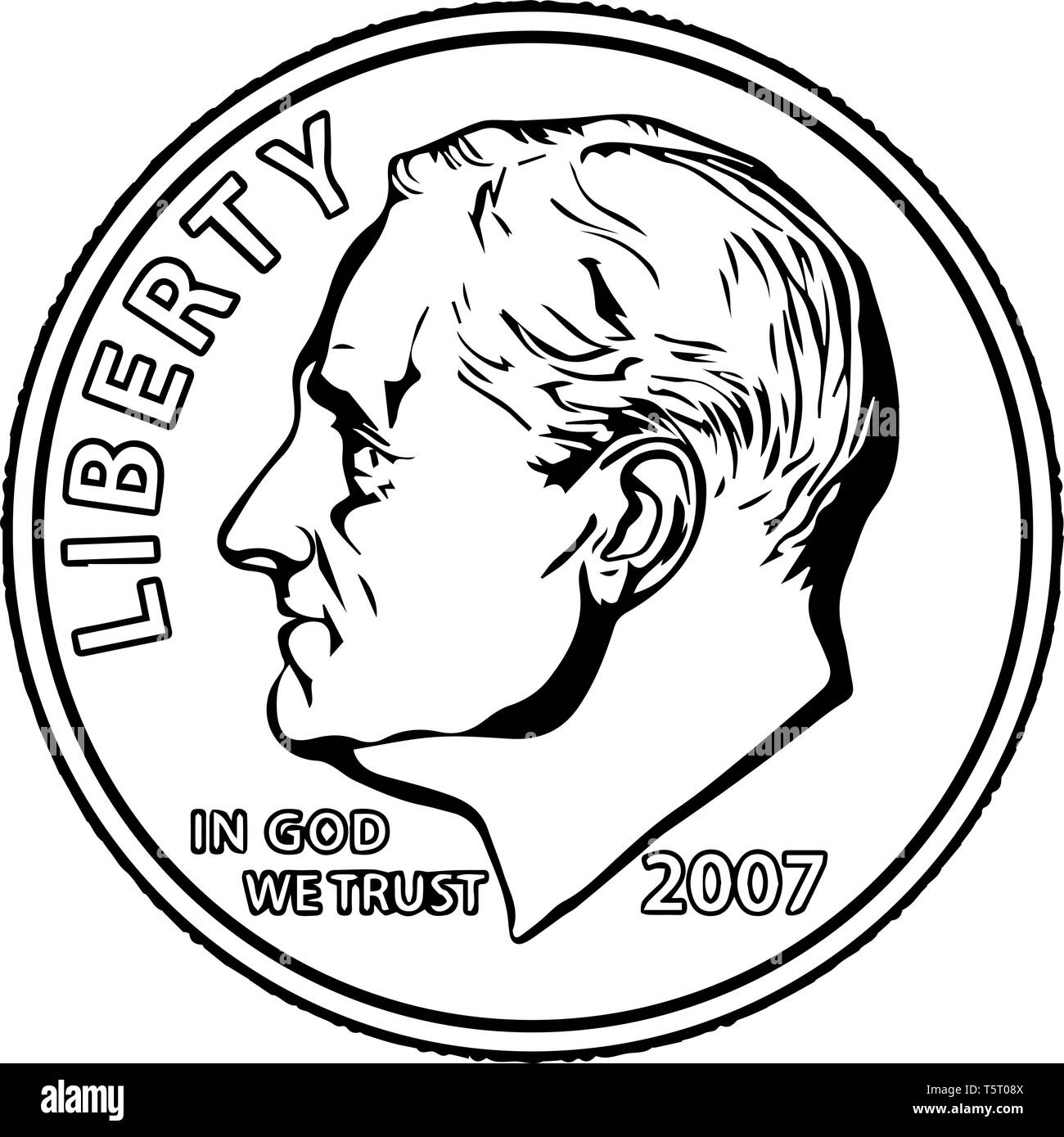 Nutzung der Groschen Münze Vereinigte Staaten sind es 10 Cent. Das ist ein Zehntel von einem US-Dollar. Die Vorderseite Profil von Franklin D. Roosevelt, vinta Stock Vektor