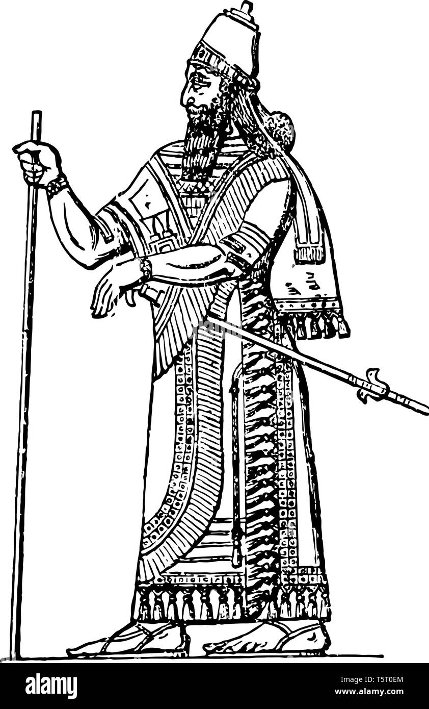 Das Bild zeigt den Assyrischen König. Er ist der Gott der Assyrischen Staates. Er hält den langen Stock und dem second-hand-Schwert. Er hat eine Krone auf dem Kopf, Stock Vektor
