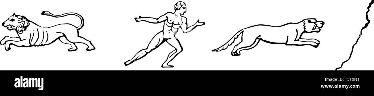 In diesem Bild Es ist ein Mann in der Mitte des Bildes. Es gibt zwei Tiere auf der linken und rechten Seite, vintage Strichzeichnung oder Gravur Lllustrat Stock Vektor