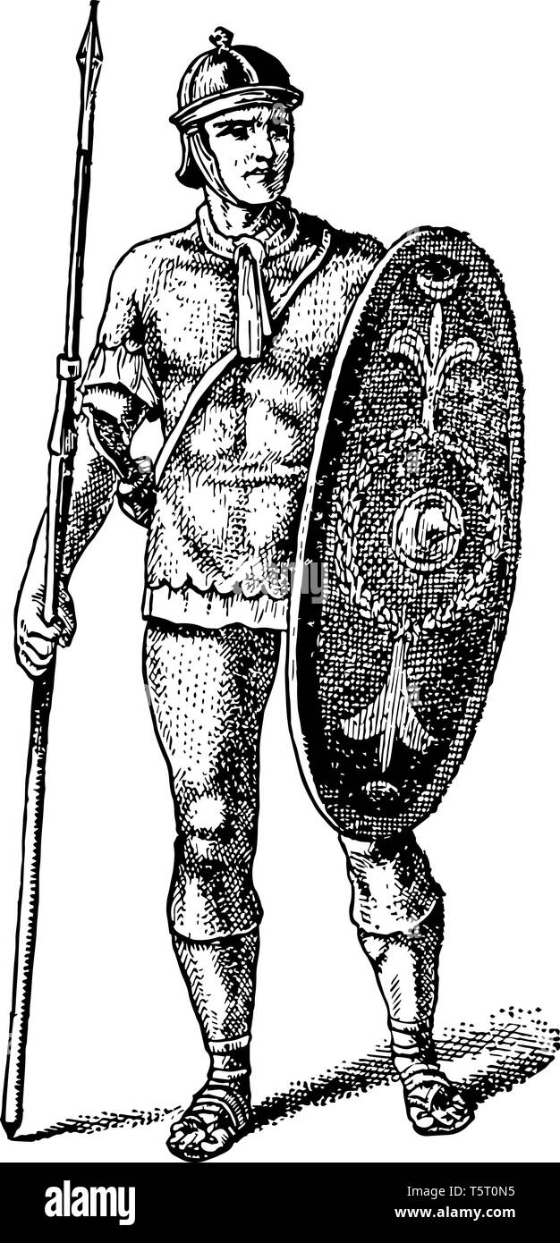 Dies ist das Image eines des Römischen Reiches Soldat. Er steht mit beiden Armen, vintage Strichzeichnung oder Gravur Abbildung. Stock Vektor