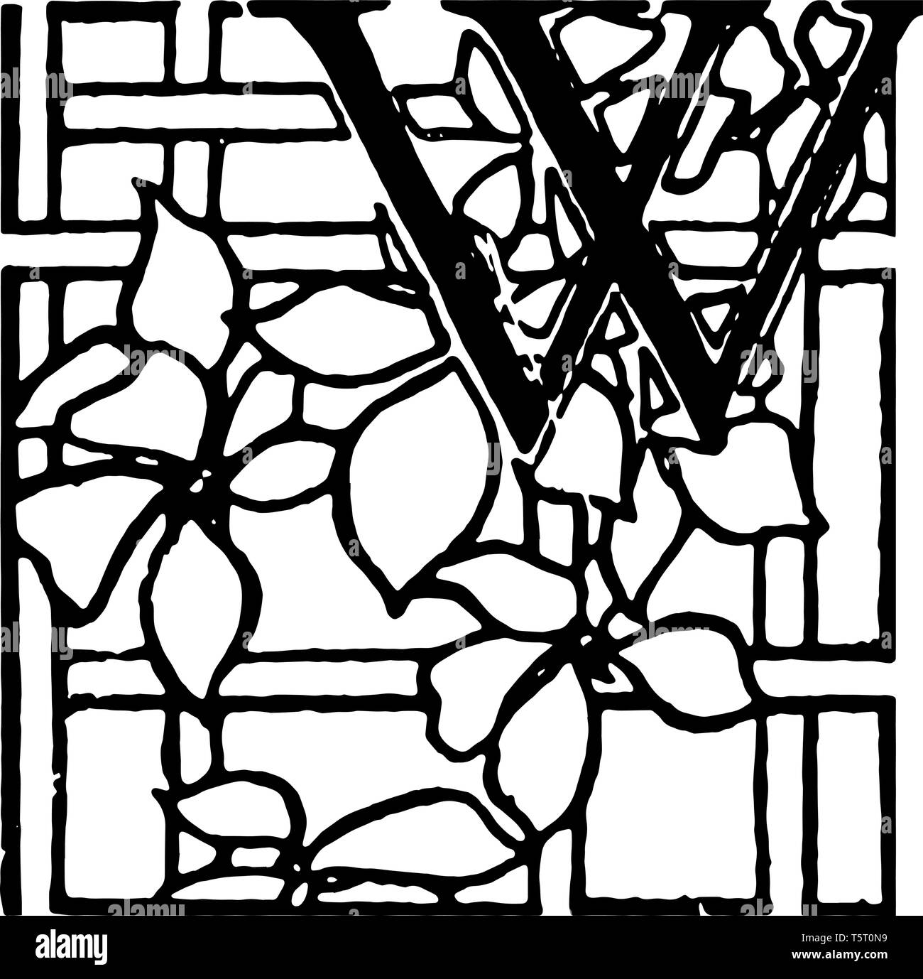 In der oberen rechten Ecke der Abbildung enthält den Buchstaben W. Es gibt einige Blumen über die Buchstaben W, vintage Strichzeichnung oder Gravur illustrati Stock Vektor