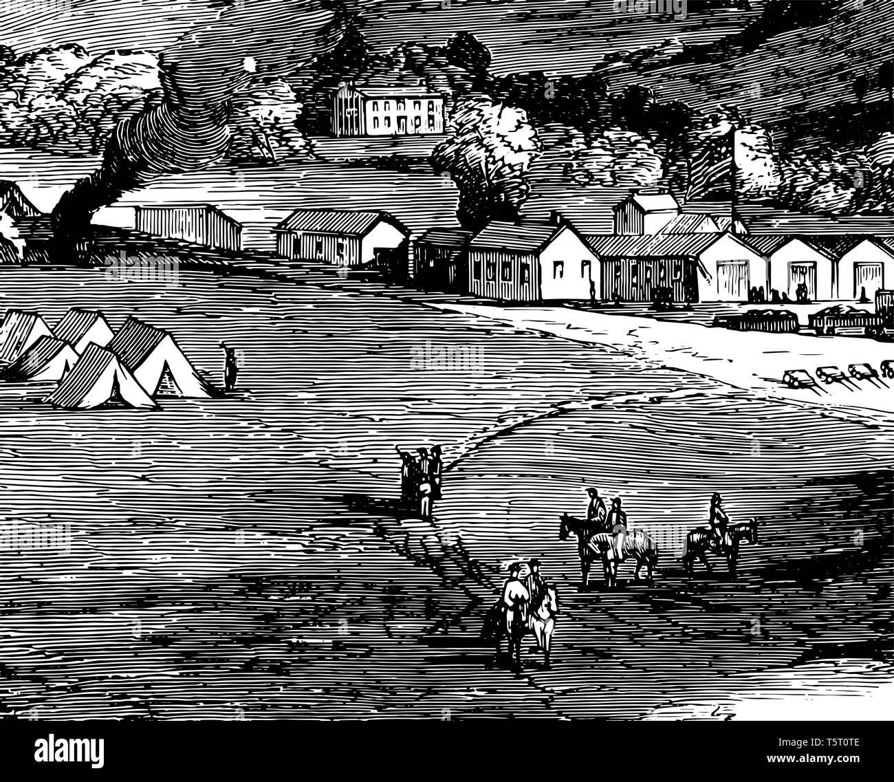 Bild mit Hauptquartier von General Rosecrans Dorf von Clarksburg, West Virginia vintage Strichzeichnung. Stock Vektor