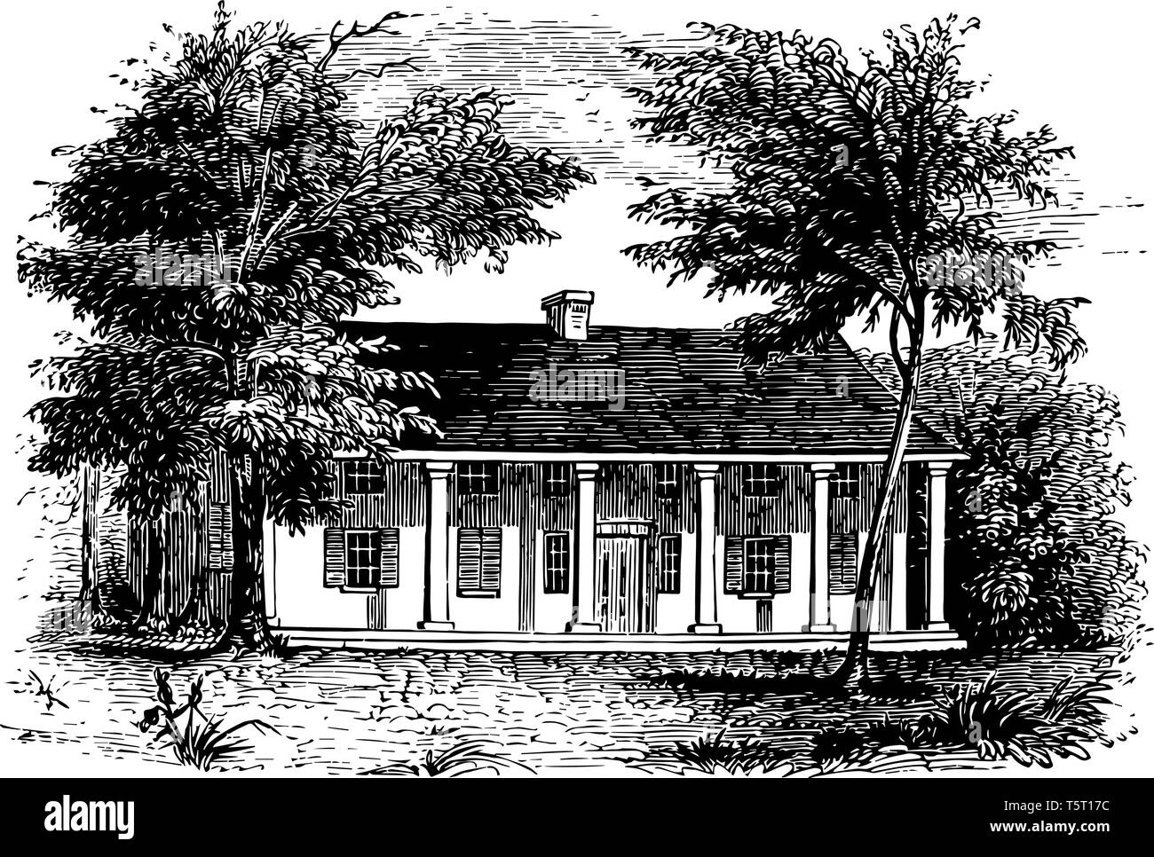 Allgemeine Schuylers Haus im Jahr 1777 erbaut, von der Britischen Armee während des Amerikanischen Unabhängigkeitskrieges vintage Zeichnung belegt. Stock Vektor