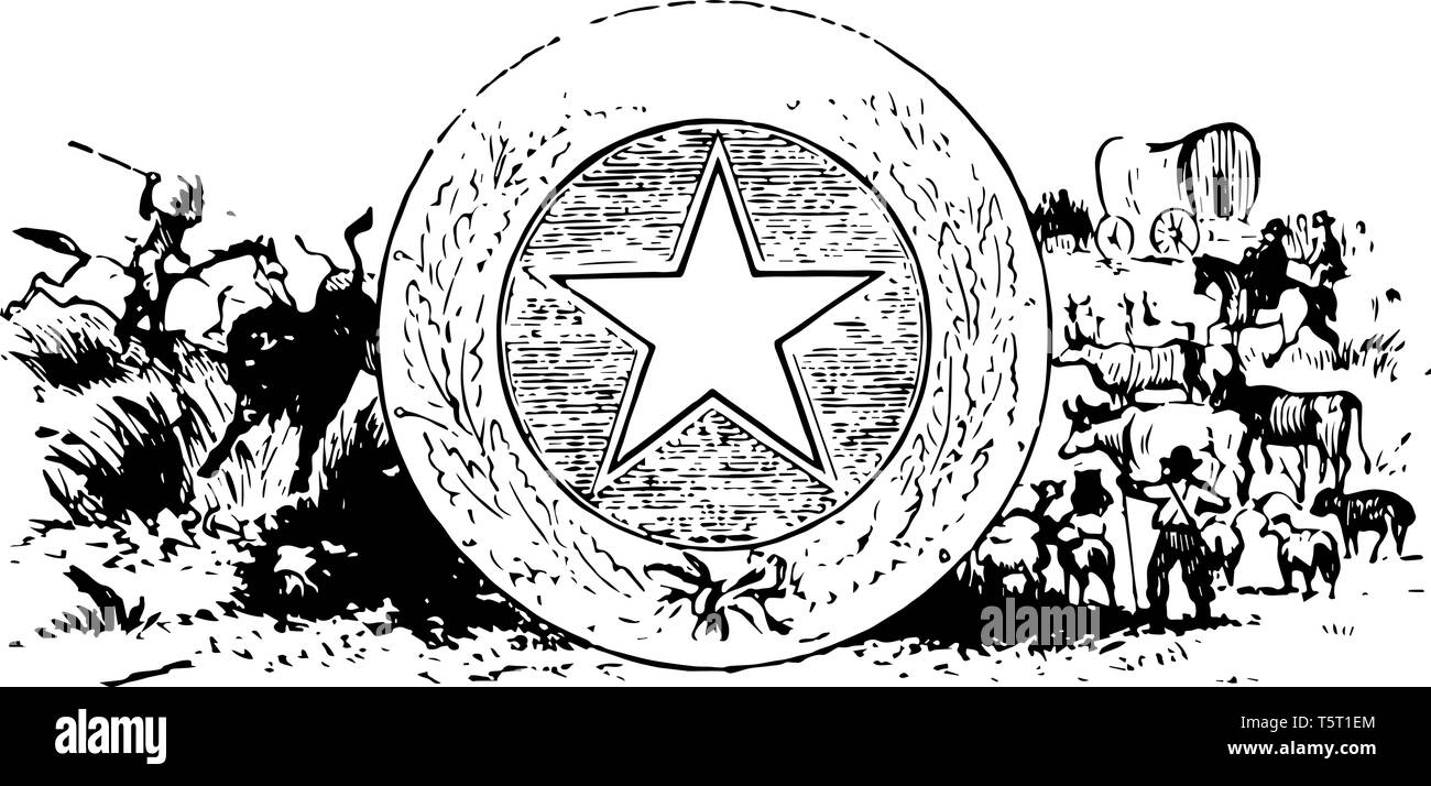 Texas Dichtung wurde 1845 mit dem Motto "Vintage Zeichnung der Alamo" erinnern. Stock Vektor