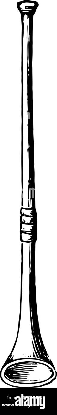 Römische Tuba ist ein langes schmales Horn, vintage Strichzeichnung oder Gravur Abbildung. Stock Vektor