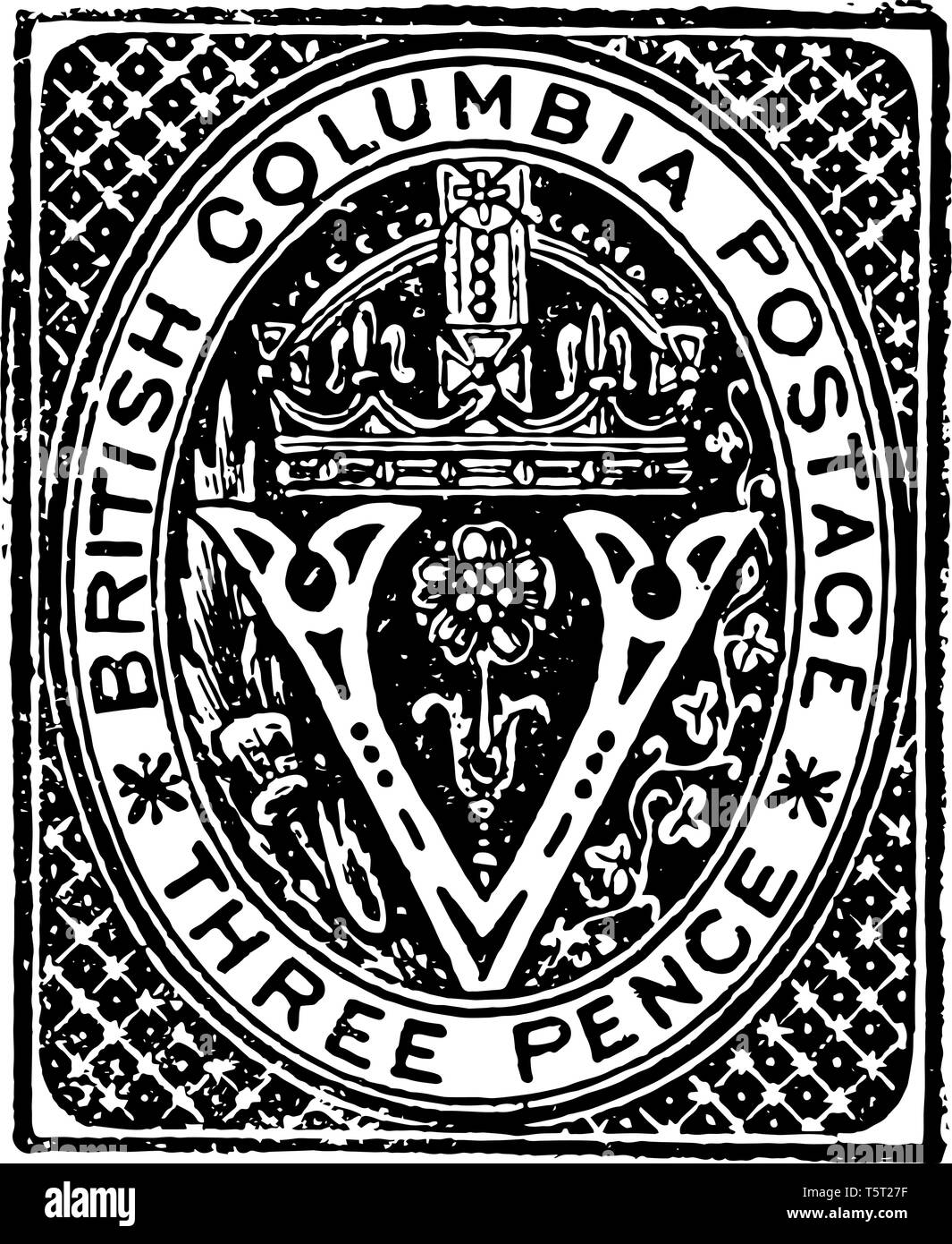 Diese Marke zeigt ein großes V und eine Krone von Victoria mit einem Kreis um sie herum. Auf den Kreis British Columbia Stempel und drei Pence ist Jahrgang li geschrieben Stock Vektor