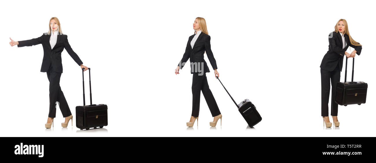 Geschäftsfrau mit Koffer isoliert auf weißem Stockfoto