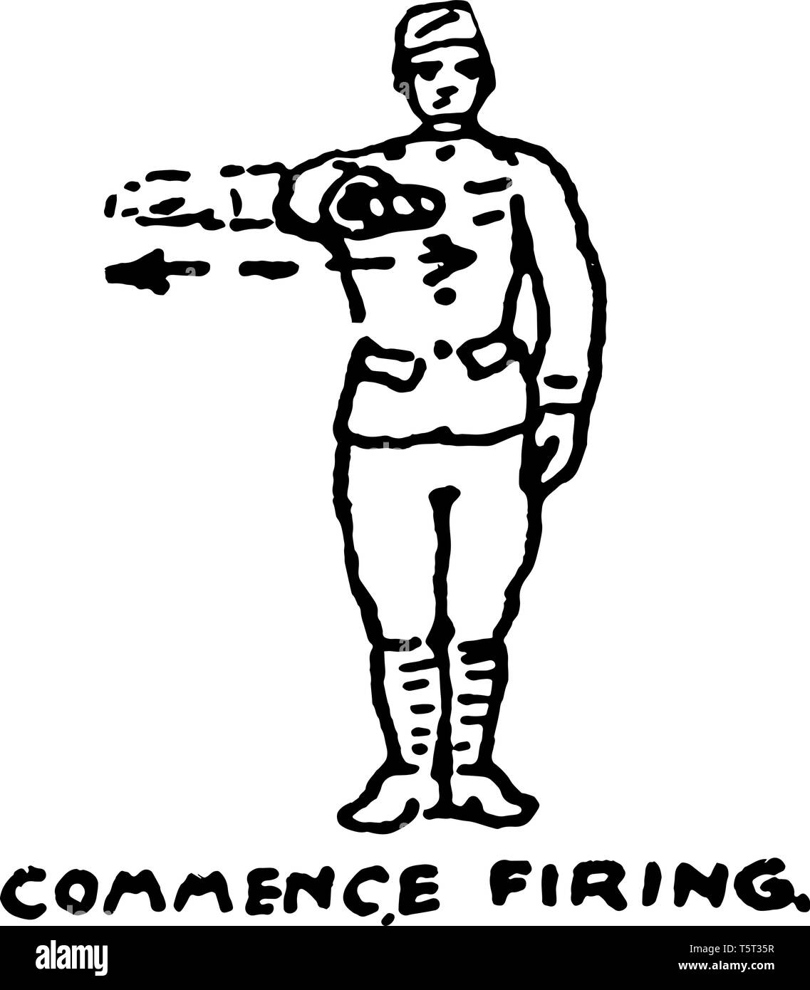 Beginnen Feuern verwendet Truppen, um zu feuern ihre Waffen beginnen, vintage Strichzeichnung oder Gravur Abbildung. Stock Vektor