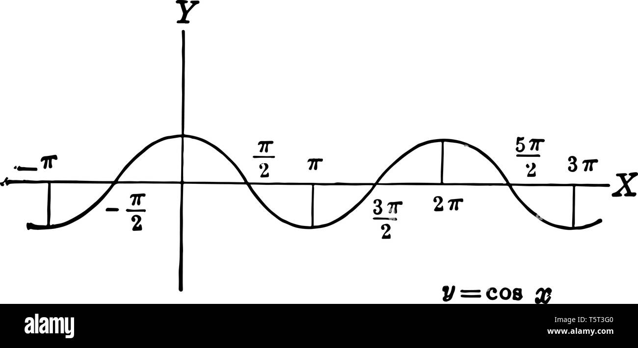 Ein Bild, das die Cosinus Kurve zeigt. Dieses Bild zeigt die y-Achse und die X-Achse. Die cosinus-Kurve auf der X-Achse dargestellt ist, vintage Zeichnung Stock Vektor