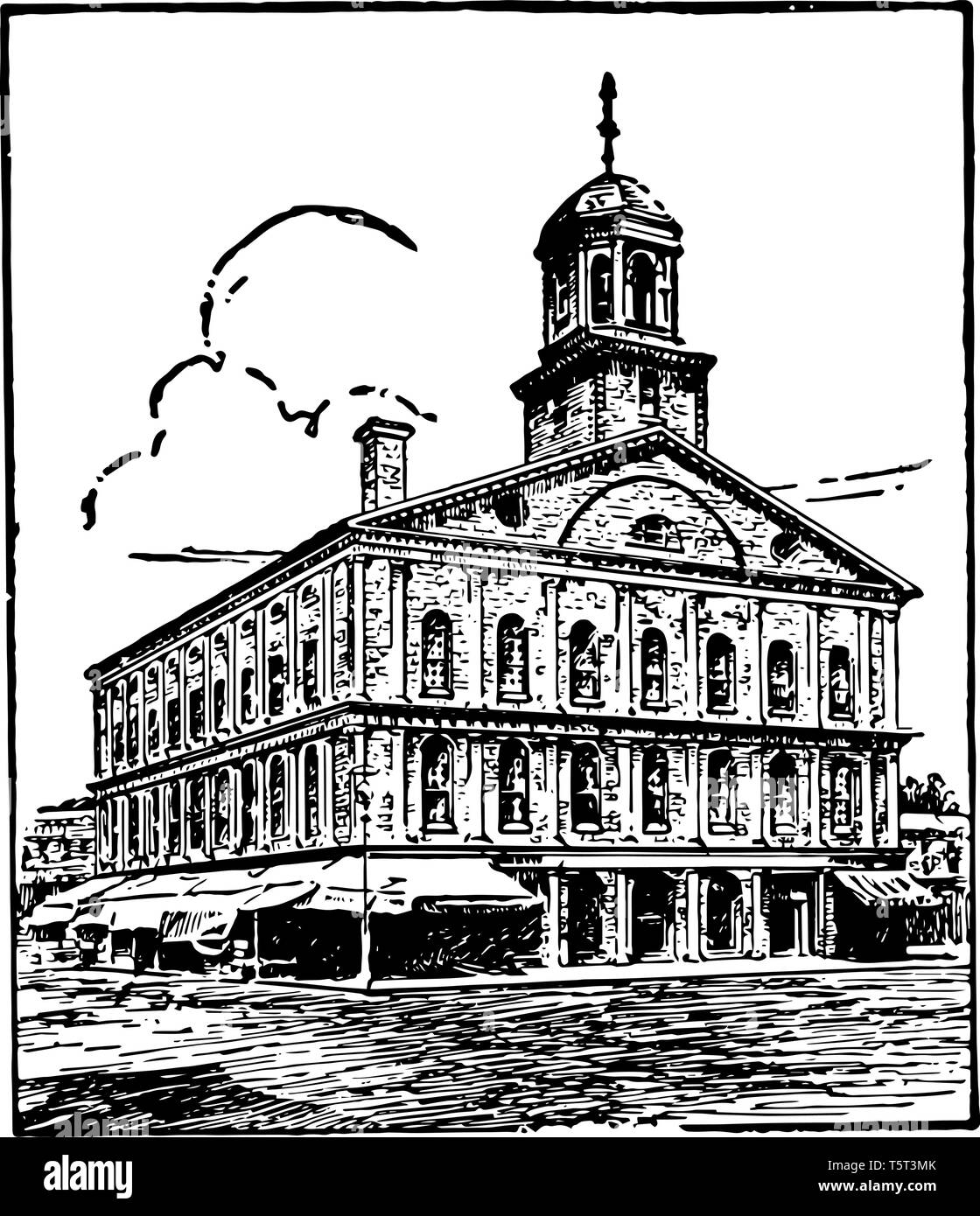 Faneuil Hall auch als "Wiege der Freiheit" vintage Zeichnung bekannt. Stock Vektor