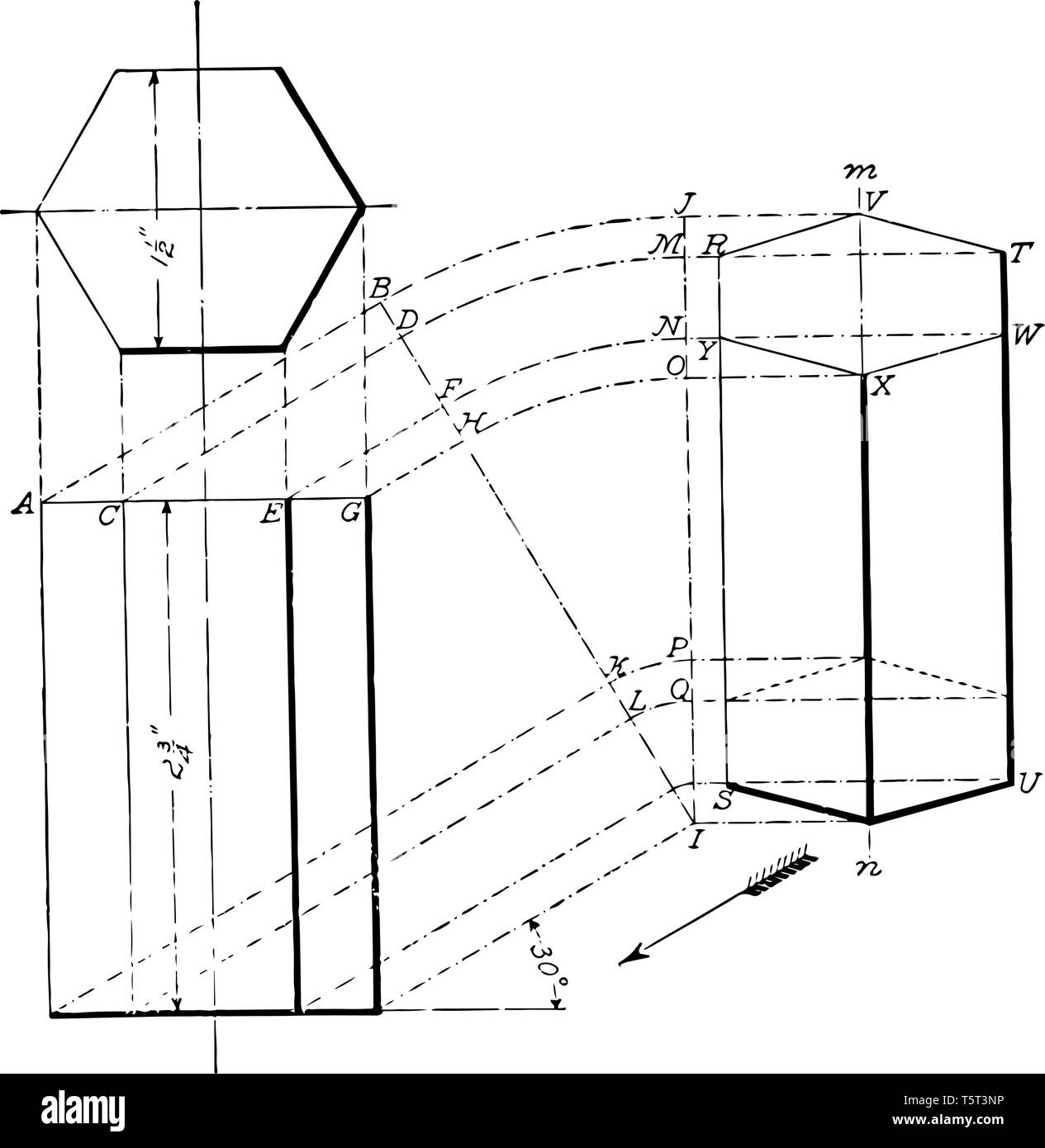 Das Bild zeigt eine sechseckige Prisma aus verschiedenen Blickwinkeln mit zwei seiner parallelen Seiten parallel zur Ebene der Papier, und die vertikale Achse, vint Stock Vektor