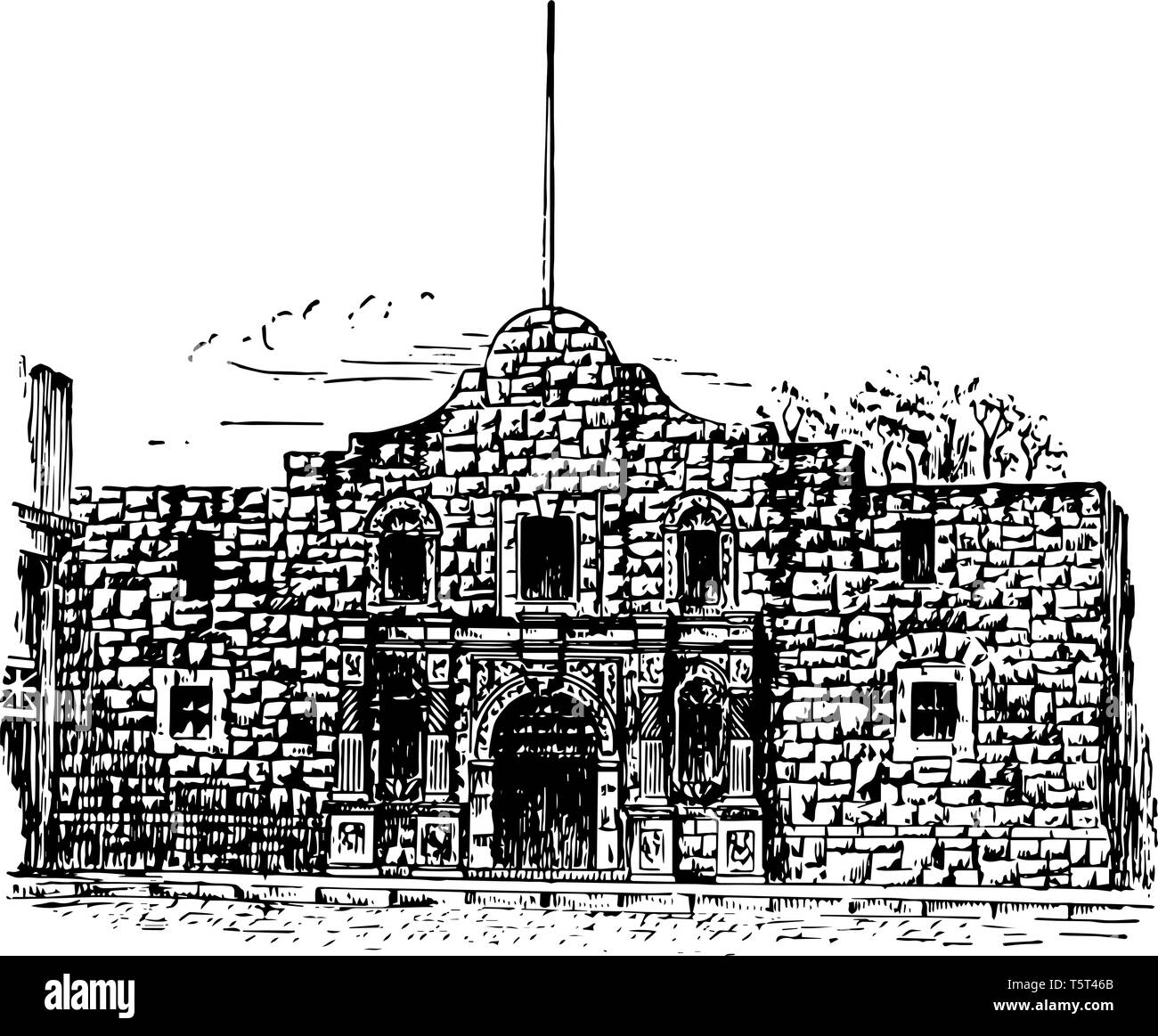 Alamo war in Florida im Jahre 1974 in der Schlacht von Alamo während Texas Revolution vintage Strichzeichnung nahm gegründet. Stock Vektor