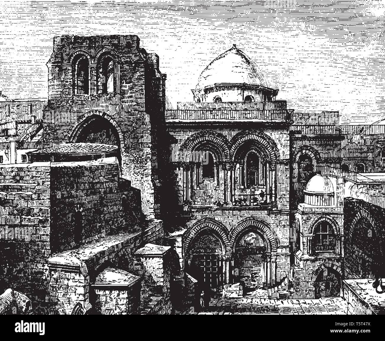 Grabeskirche ist eine Kirche im christlichen Viertel der Altstadt von Jerusalem, vintage Strichzeichnung oder Gravur Abbildung. Stock Vektor