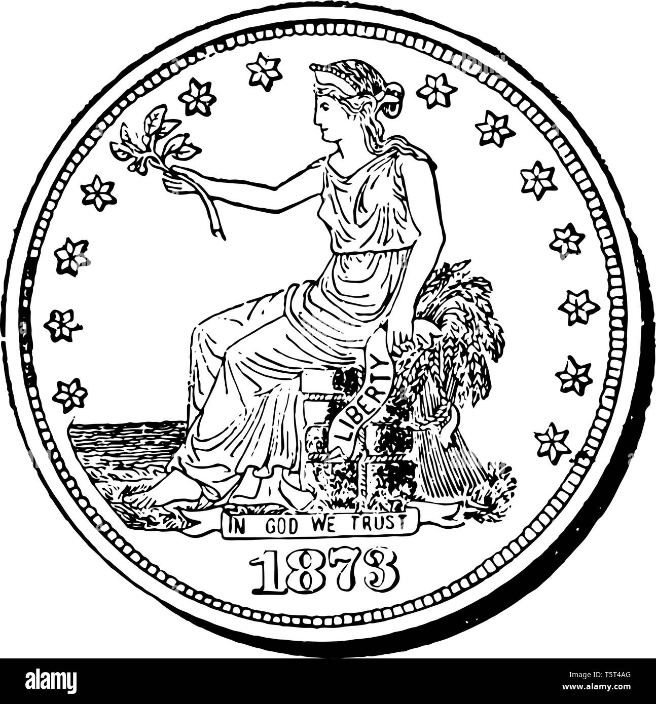 Silber Handel Dollar Münze ist der Dollar von den Vereinigten Staaten von Amerika. Vorderseite an der Unterseite ihres Sitzes ist auf Gott vertrauen wir eingeschrieben. Rückseite zeigt einen Adler, vin Stock Vektor