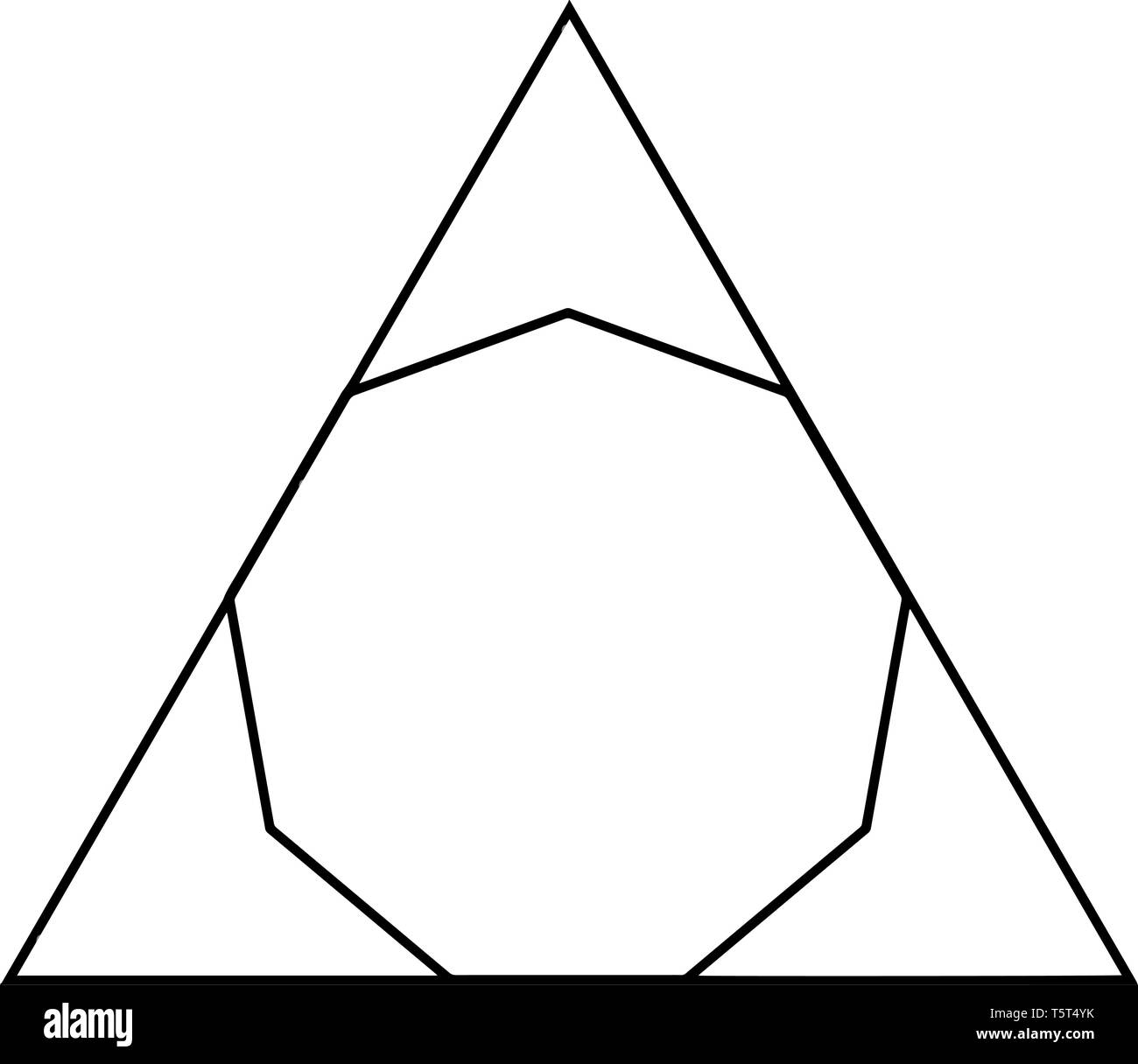 Der Nonagon, eingeschrieben in ein Dreieck. Nonagon berührt die drei Seiten des Dreiecks, vintage Strichzeichnung oder Gravur Abbildung. Stock Vektor