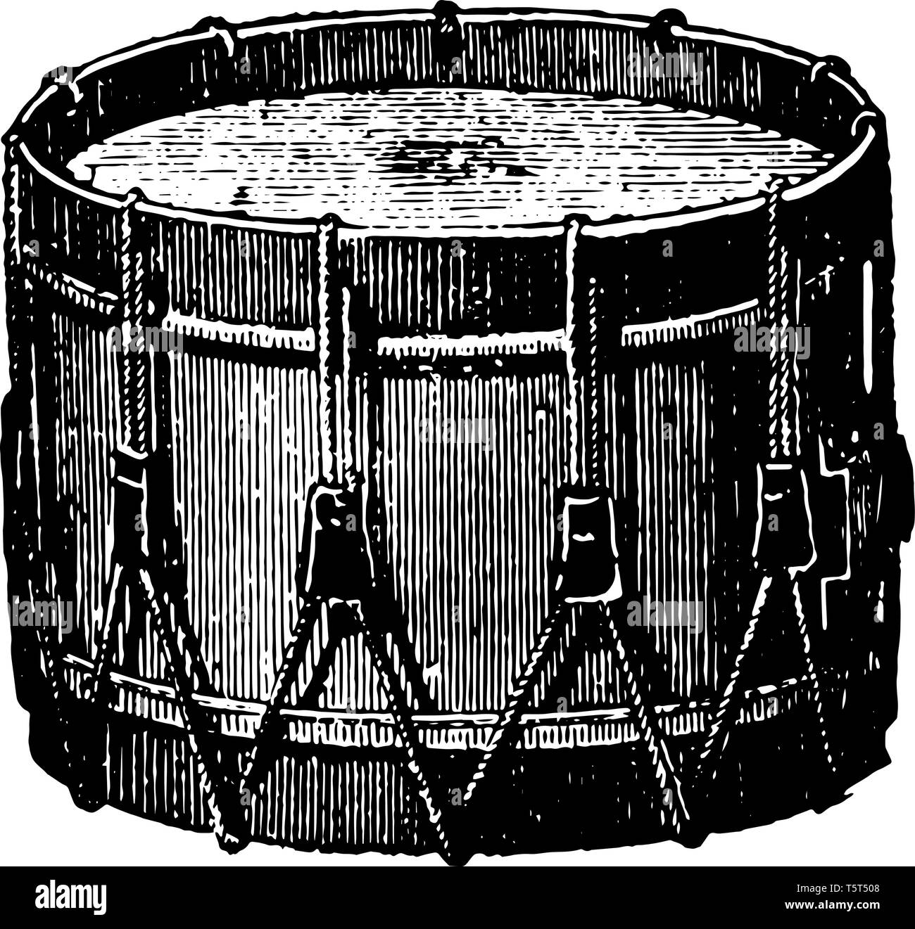 Seite Trommel ist eine militärische Trommel, und ist in allen rhythmischer Figuren durch alternative Gleichzeitige Schläge mit zwei Drumsticks, vintage Line drawin verwendet Stock Vektor