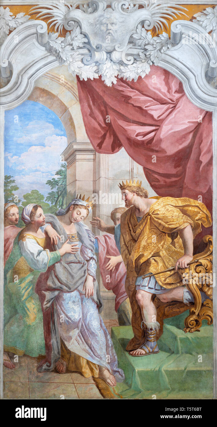 Rome, Italien - 11 April, 2018: Das Fresko von David und Abigail in der Kirche Chiesa di San Camillo von Pietro Paolo Vasta (1745 - 1750). Stockfoto