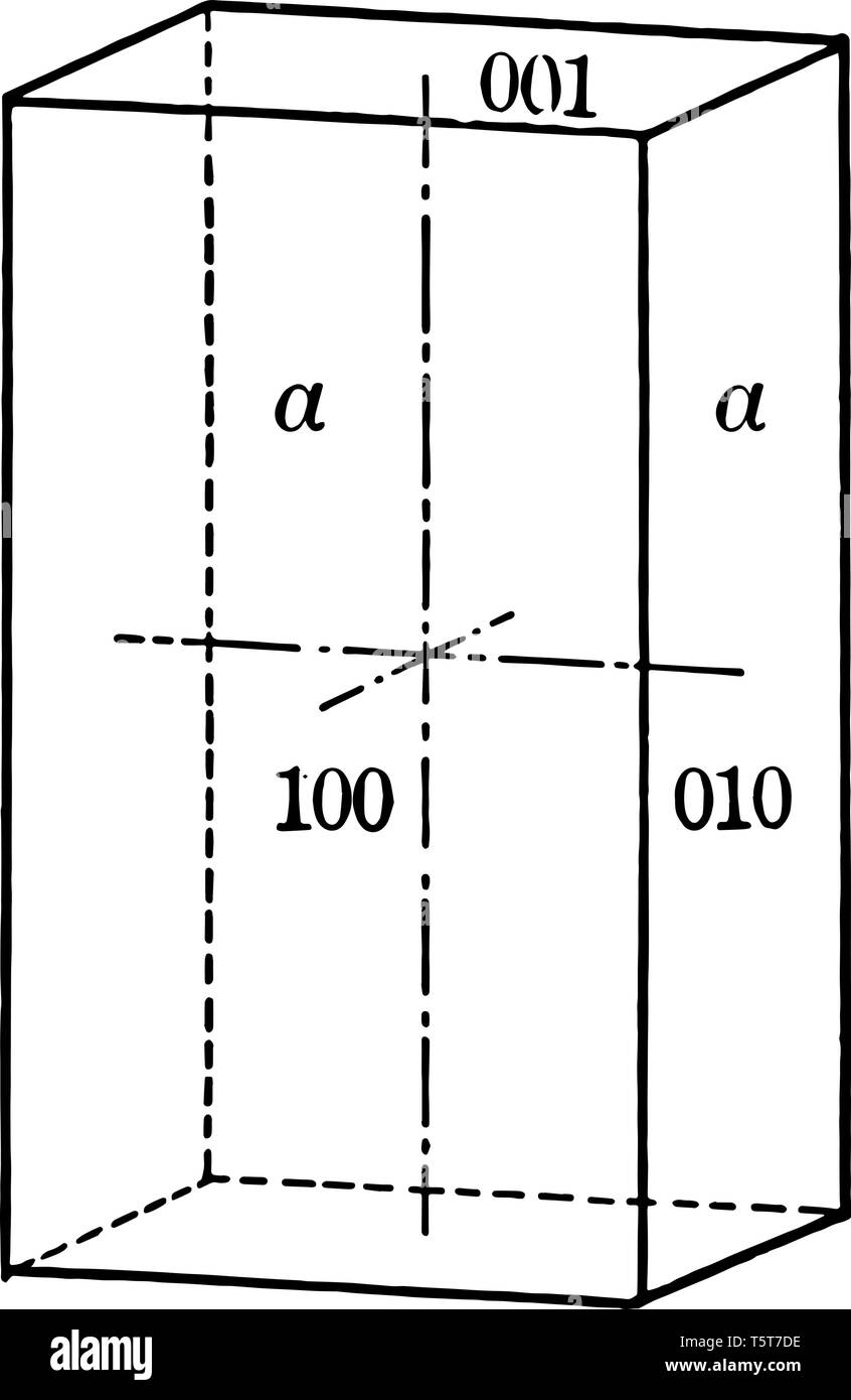 Prisma mit vier senkrechten rechteckigen Flächen, von denen jede eine horizontale kristallographischen Achse schneiden und ist parallel zu den beiden anderen Achsen, vintage Stock Vektor