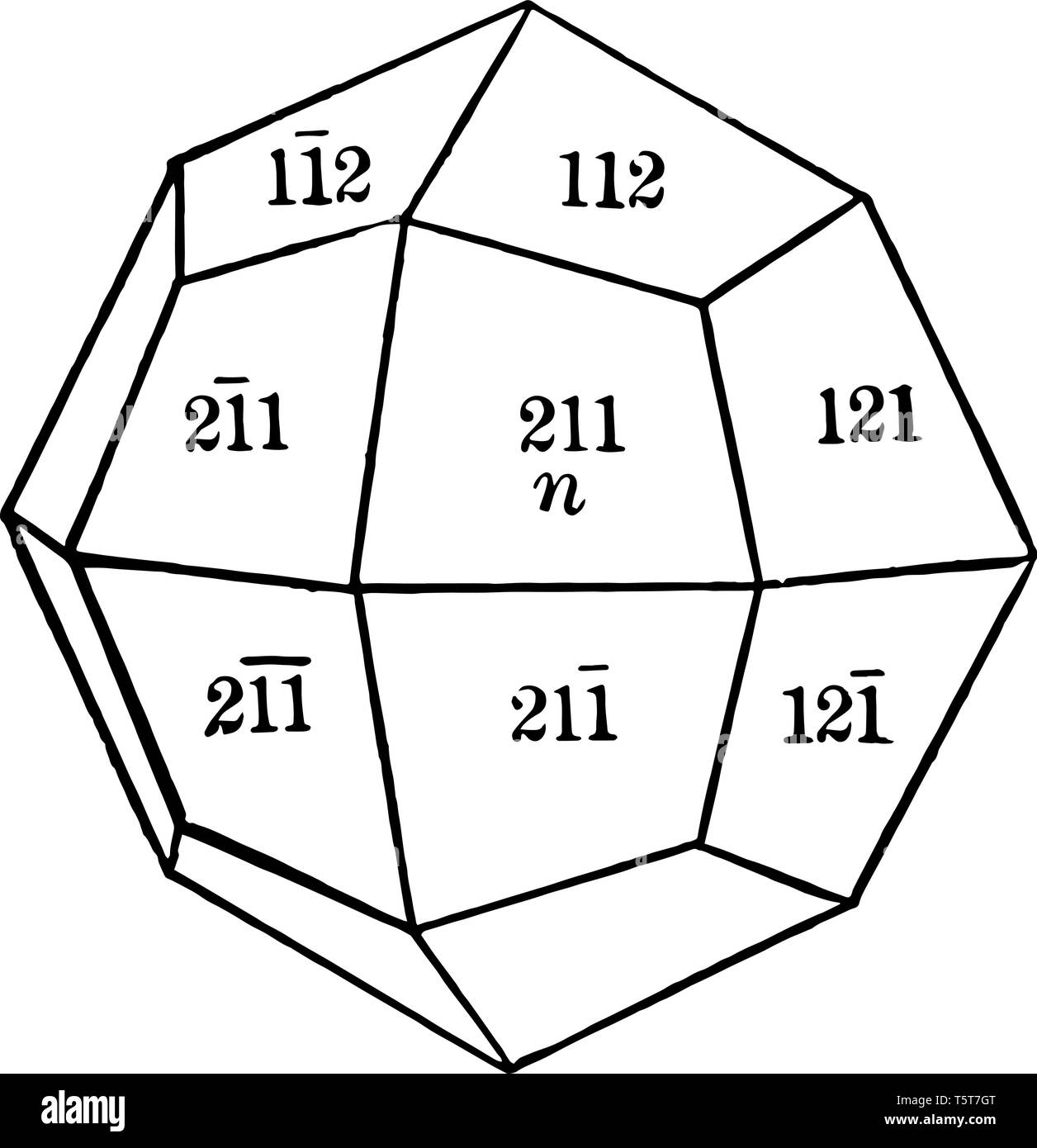 Eine trapezohedron Diagramm. Es ist eine Form von fünfundzwanzig - vier trapezförmigen Flächen, von denen jeder schneidet mit einem der kristallographischen Achsen in Th Stock Vektor