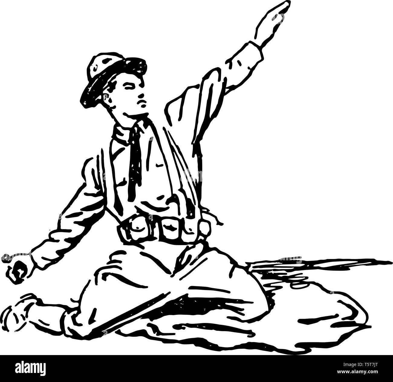 Ein Soldat kniete Vorbereitung eine Granate, vintage Strichzeichnung oder Gravur Abbildung zu werfen. Stock Vektor