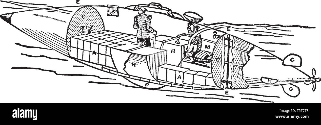 Elektrische Torpedoboote sind kleine Schiffe für die Geschwindigkeit ausgelegt und mit Hilfe der Rohre für die Zündung torpedos ausgestattet entweder durch Druckluft oder Schießpulver, vintage Lin Stock Vektor