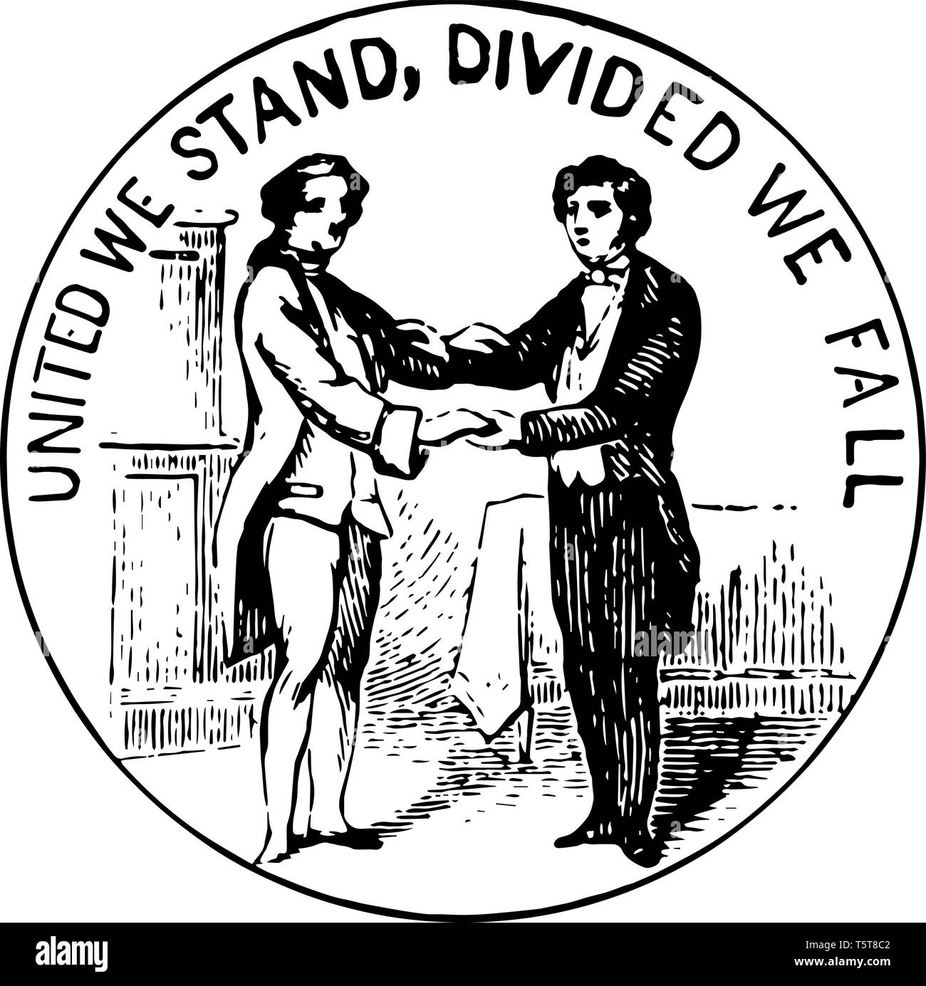 Dichtung des Commonwealth von Kentucky beinhaltet zwei stehende Männer in hirschleder und andere in formelle Kleidung Hände umklammern vintage Strichzeichnung. Stock Vektor