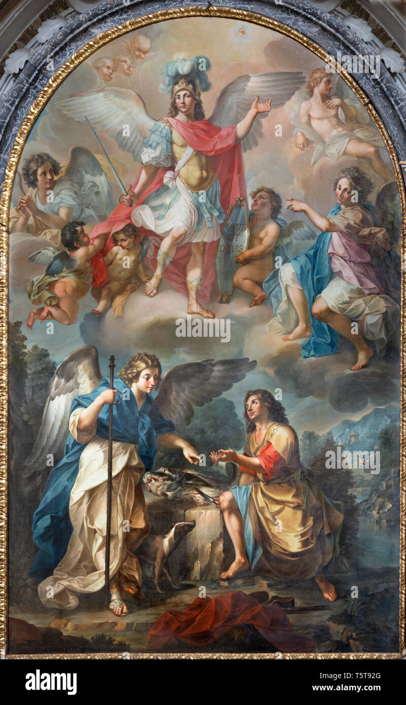 CATANIA, Italien - 7. April 2018: Die Malerei von Tobias und Erzengel Raphael in der Kirche Chiesa di San Benedetto von Matteo Desiderato (1780). Stockfoto