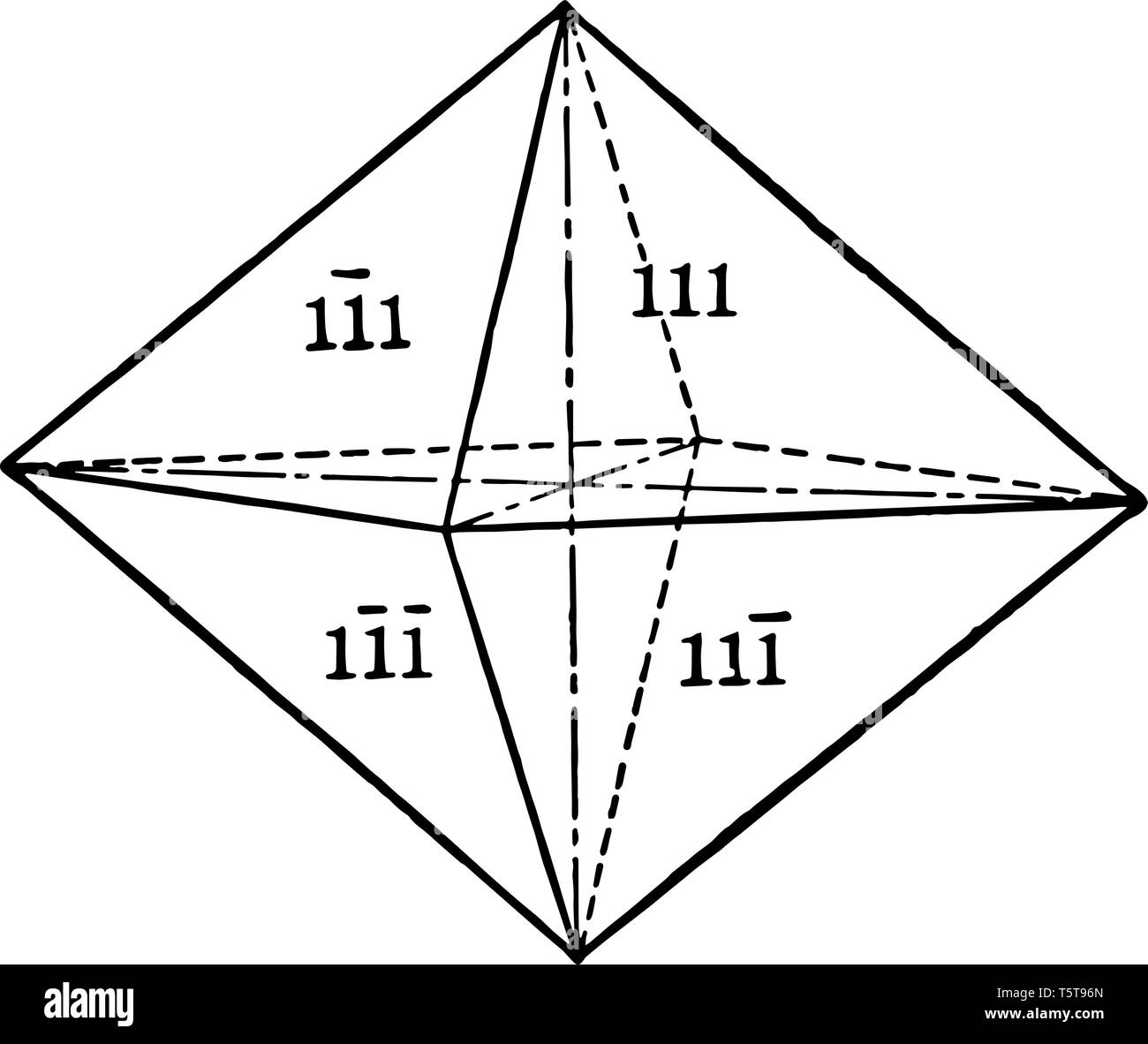 Das Bild zeigt ein Rhombisch Pyramide mit acht dreieckige Flächen, die jeweils die drei kristallographischen Achsen, vintage Strichzeichnung Kreuze oder en Stock Vektor