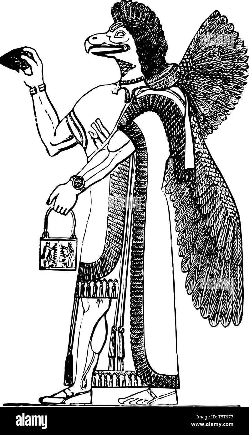 Dieses Bild zeigt die Abbildung von Gott. Dies ist der Assyrischen Gott der Landwirtschaft. Gott wird zusammen mit den Flügeln, vintage Strichzeichnung oder Gravur illustr Stock Vektor
