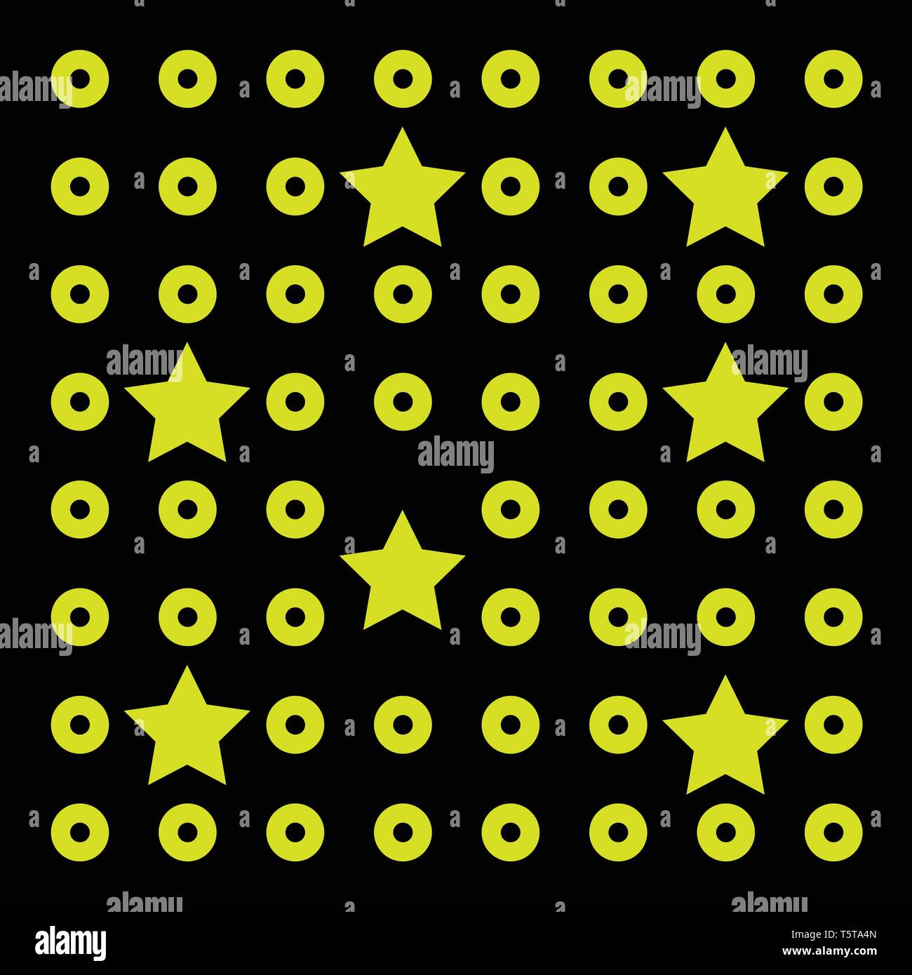 Eine gelbe Kreise und Sterne auf ein schwarzes Quadrat vector Farbe, Zeichnung oder Abbildung gezeichnet Stock Vektor