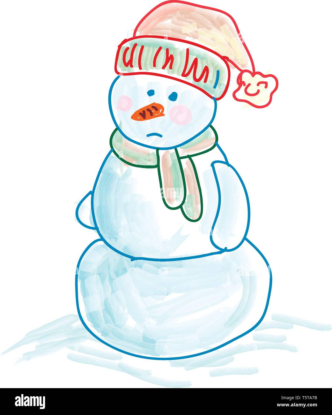 Eine Skizze von einem traurigen Schneemann tragen Strumpf Hut und Schal vector Farbe, Zeichnung oder Abbildung Stock Vektor