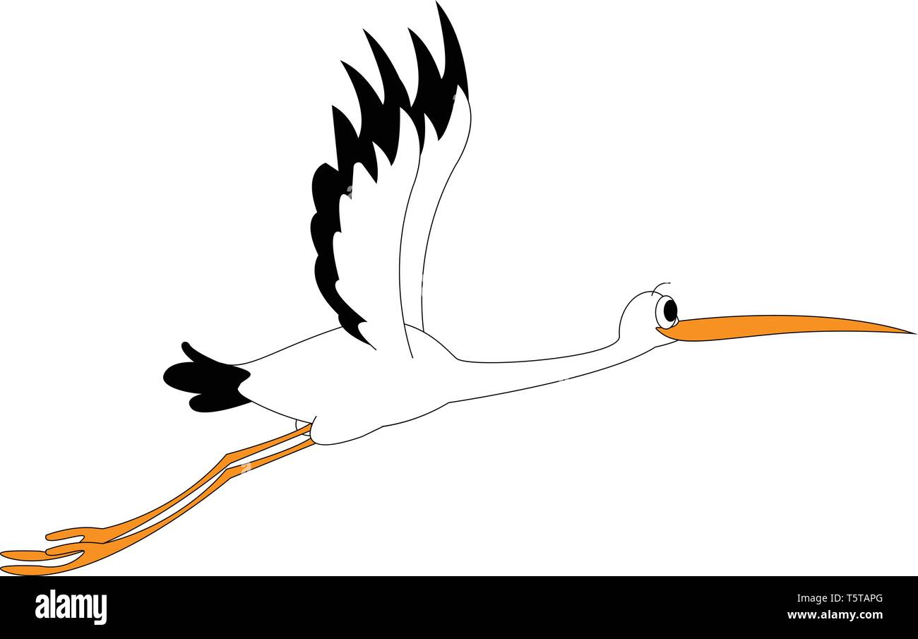 Clipart einer Aktie Vogel im Flug in Schwarz und Weiß hat eine lange und schmale Orange Rechnung und Füße mit einem prall Auge vector Farbe, Zeichnung oder Illu Stock Vektor