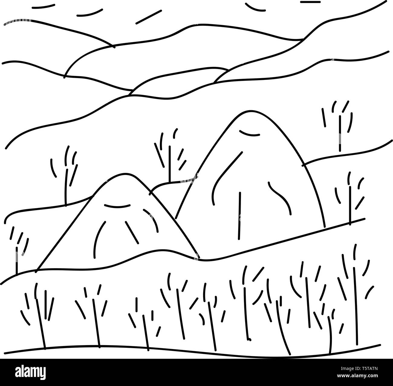 Die Kunst der Bäume und Berge in den Farben schwarz und weiß Farbe der Zeichnung oder Illustration Vektor Stock Vektor