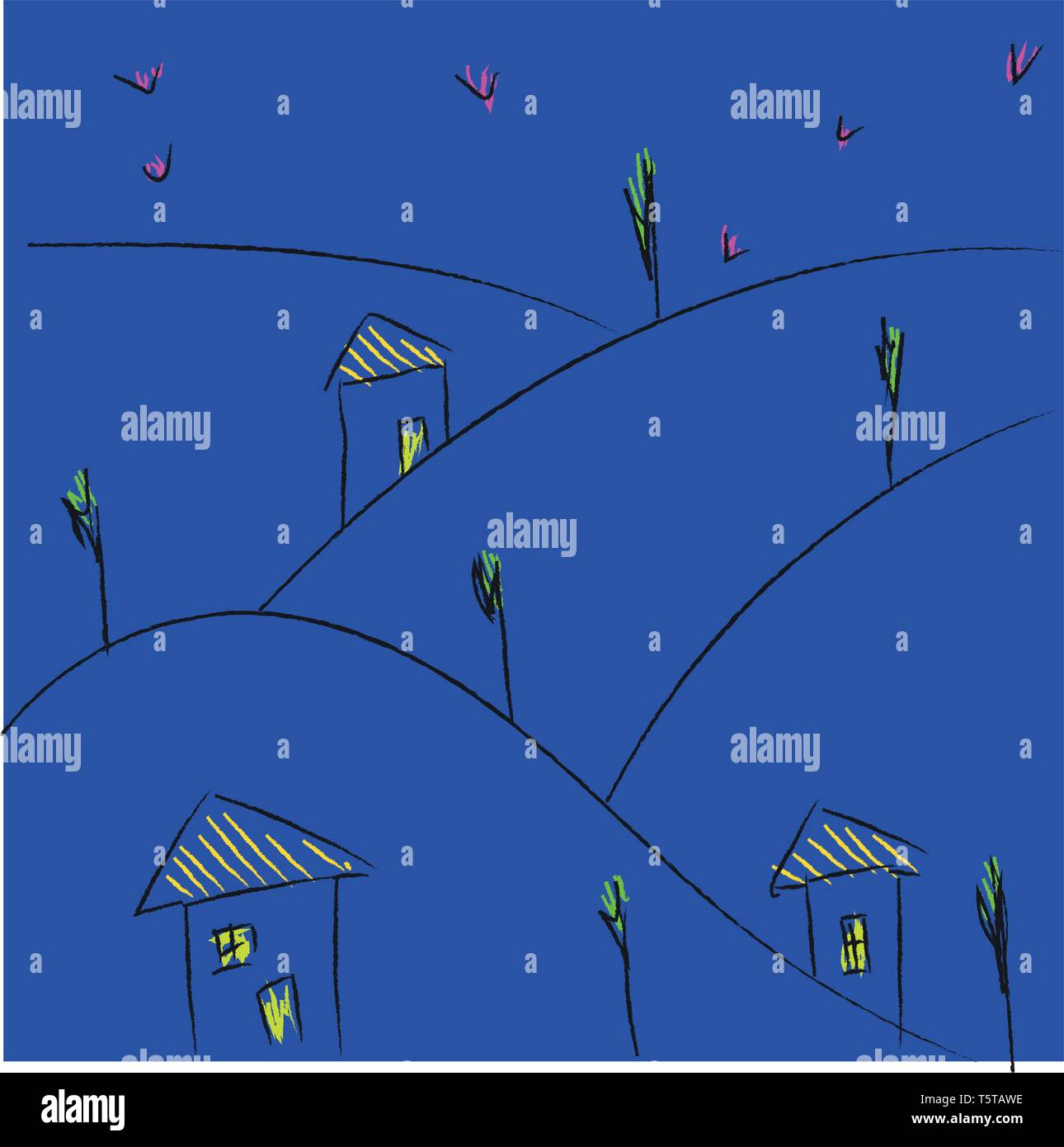 Die Kunst, ein Dorf mit wenigen strohgedeckten Häuser und Bäume in der Nacht über blauen Hintergrund vector Farbe, Zeichnung oder Abbildung Stock Vektor