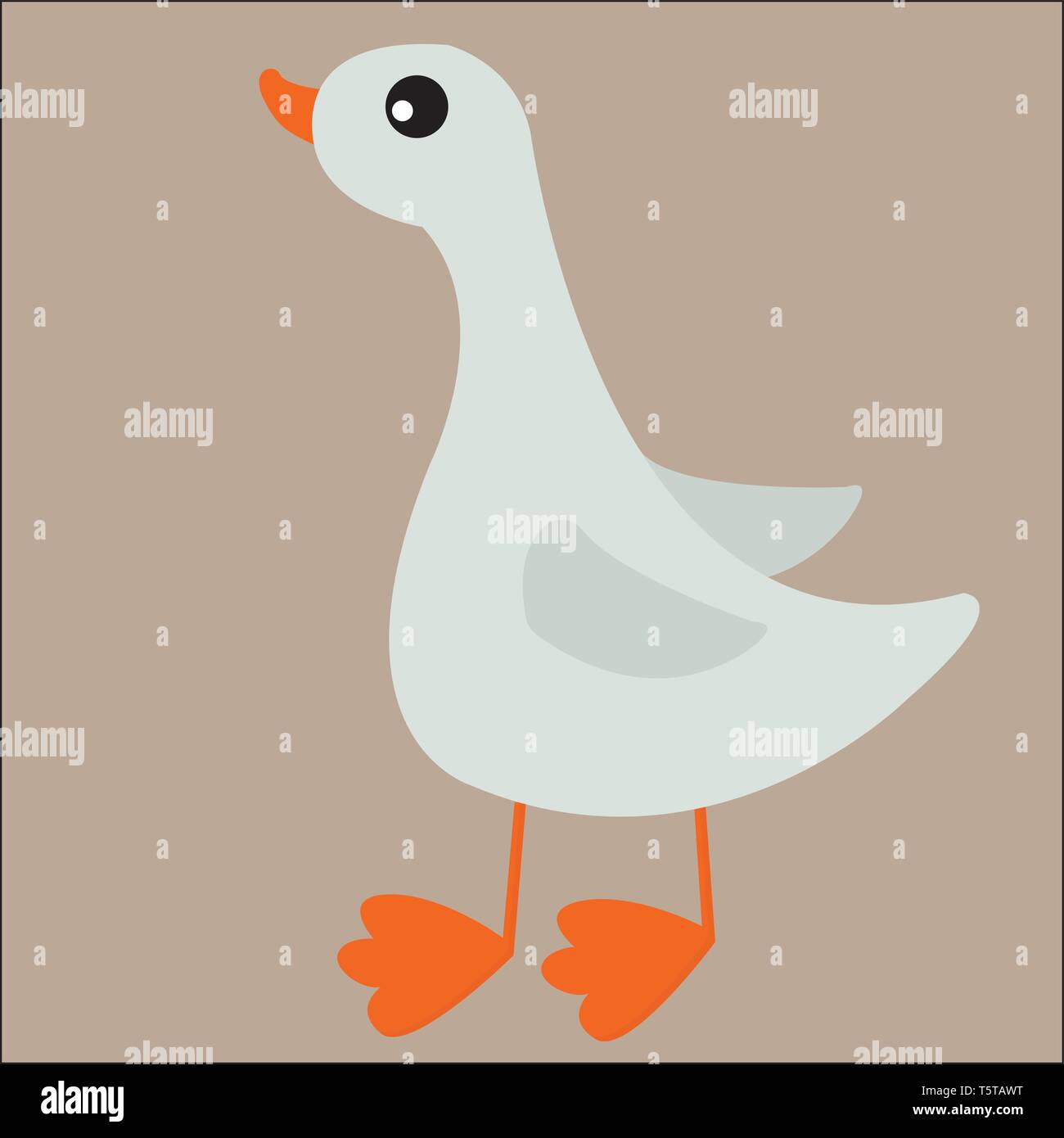 Ein weißes Cartoon Ente mit einem orangefarbenen Schnabel und webfoot steht, während auf der Suche nach Beute vector Farbe, Zeichnung oder Abbildung Stock Vektor