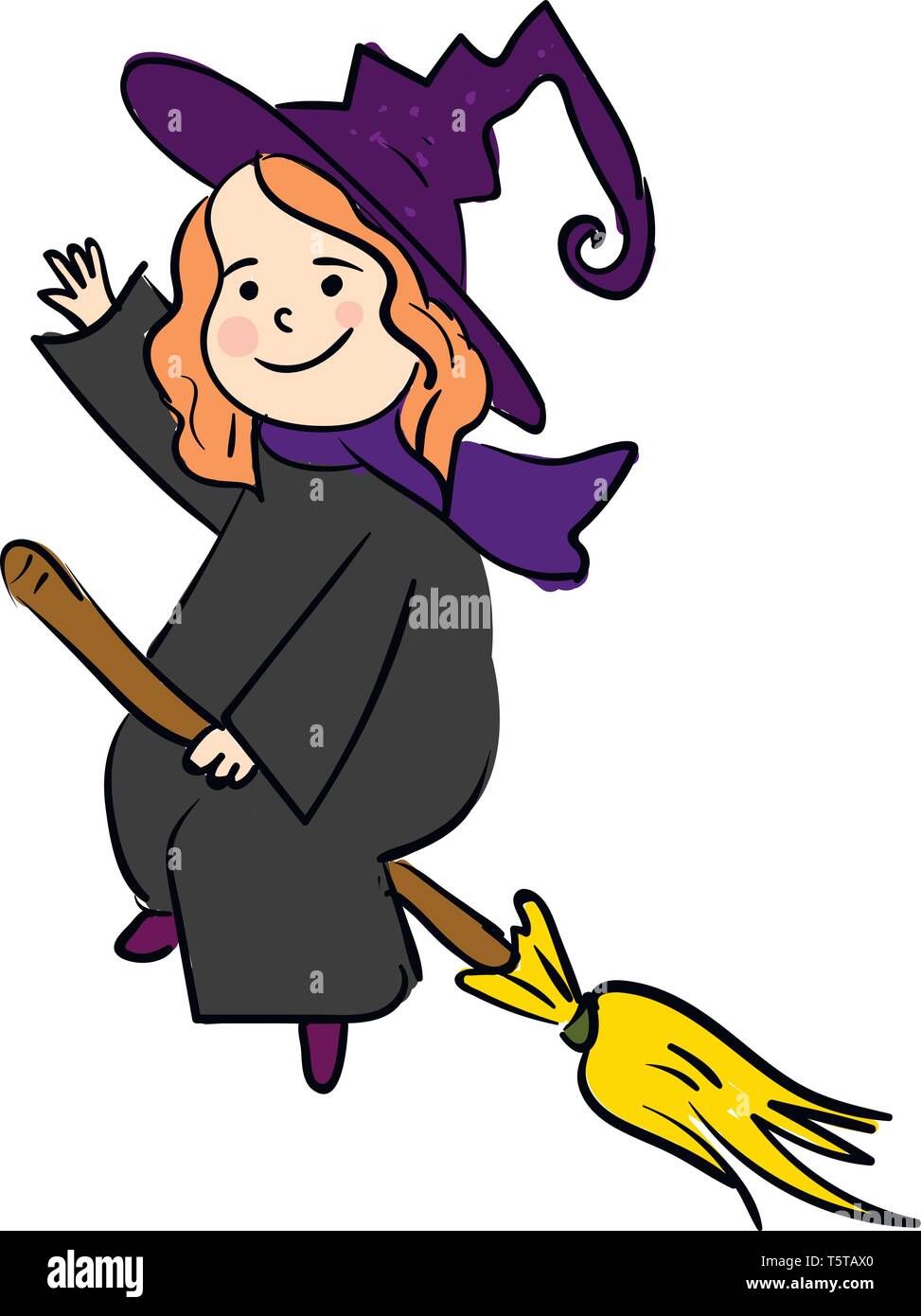 Ein lächelndes cartoon Hexe Wellen seiner rechten Hand beim Fliegen auf einem Besen vector Farbe, Zeichnung oder Abbildung Stock Vektor