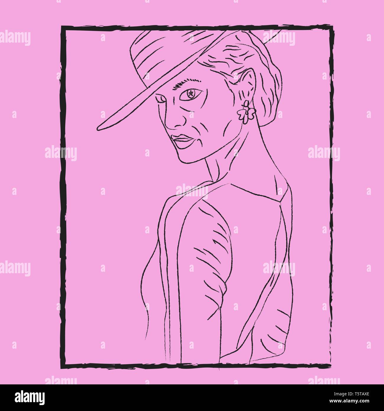 Line Art einer Frau trägt einen stylischen Hut zu Ihrem linken konfrontiert trägt blumenförmigen Ohrringe in einem schwarzen rechteckigen Rahmen Vektor in der Farbe der Zeichnung beigefügt oder Stock Vektor