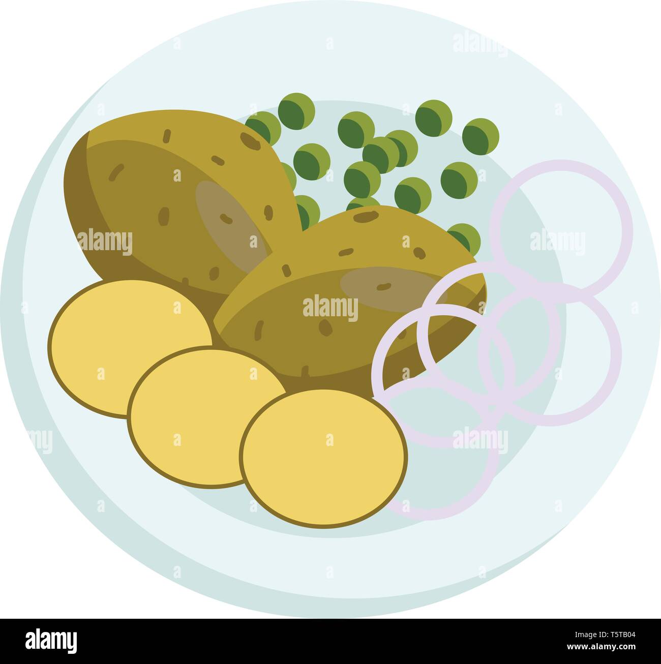 Vector Illustration einer Platte mit Kartoffeln Bohnen und Zwiebeln auf weißem Hintergrund Stock Vektor