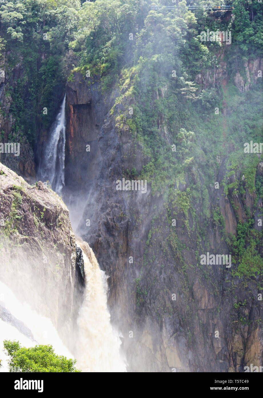 Barron River Falls suchen iconic in vollem Gange, und notieren Sie sich die neue Kante Lookout, ein skyrail Anziehung, sichtbar durch den Nebel hoch Stockfoto