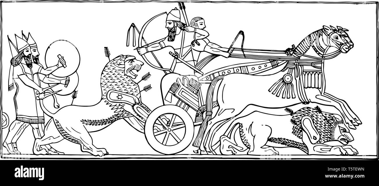 Das Bild zeigt die Bas Assyrien. Es wird auch als als Carro und in der zwei Könige vorhanden sind. Es ist ein Löwe, die zusammen im Auto bekommt und zwei Huma Stock Vektor