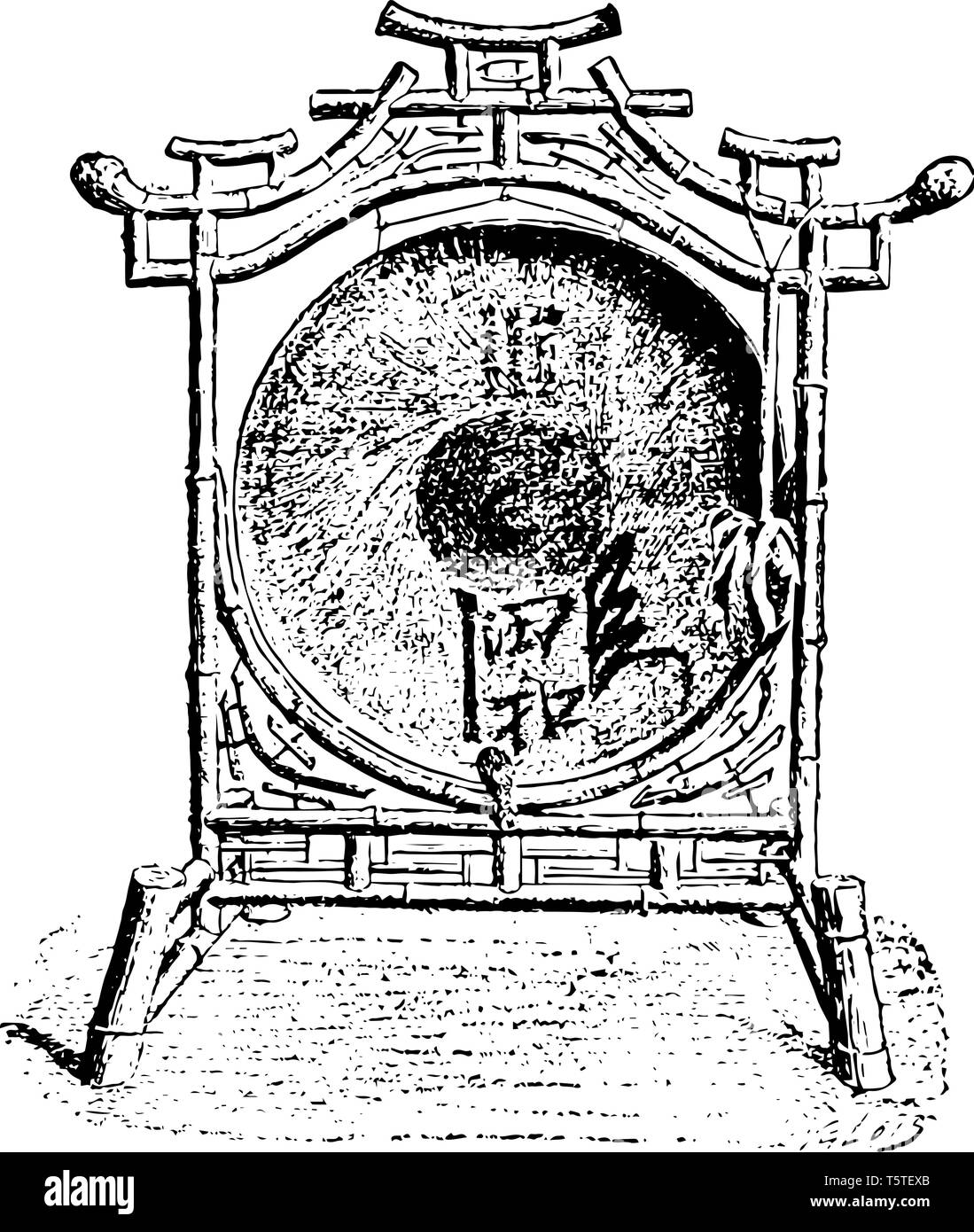 Chinesischen Gong ist mit einem Gummihammer mit Filz oder Lumpen bedeckt Struck, vintage Strichzeichnung oder Gravur Abbildung. Stock Vektor