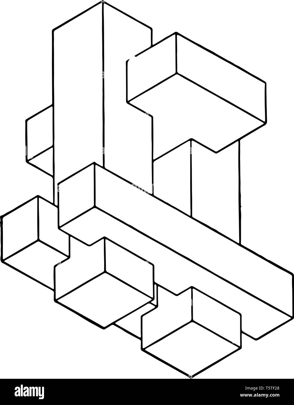 In dieser Tabelle sind Kombinationen von geometrischen Körpern. Verschiedene Arten von geometrischen Körpern stecken, vintage Strichzeichnung oder Gravur Abbildung. Stock Vektor
