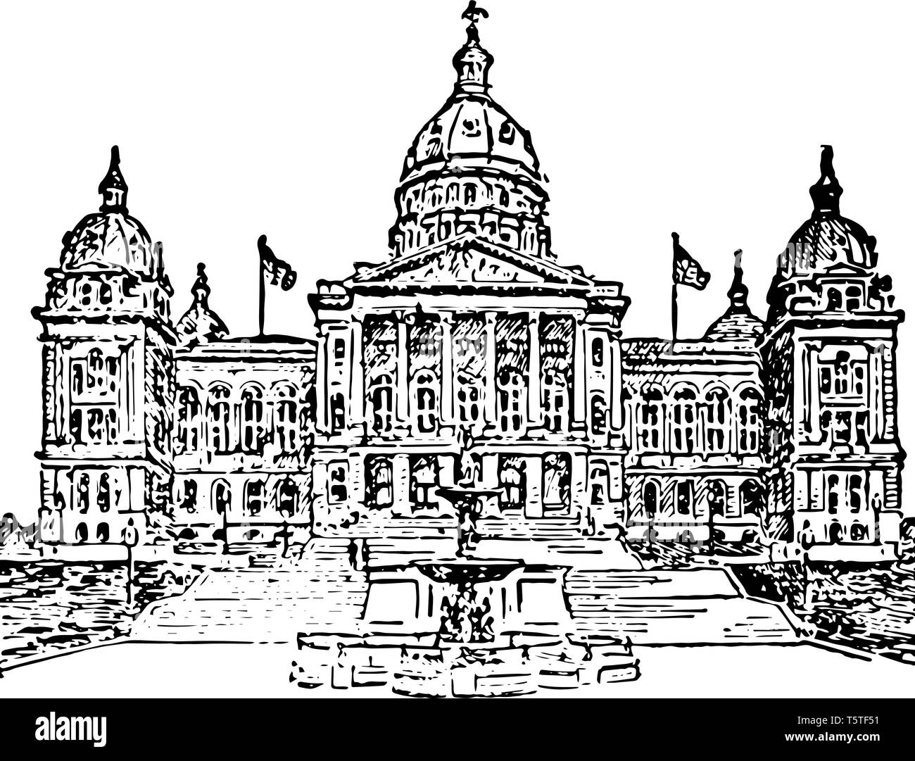 Des Moines, State Capitol ist das Amt des Gouverneurs in Lowa Hauptstadt, die in 1871-86 vintage Strichzeichnung erbaut wurde. Stock Vektor